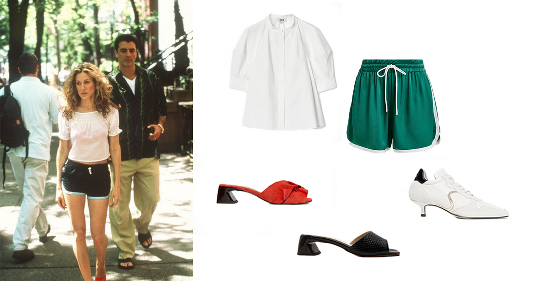 Outfit con shorts deportivos y sandalias y sneaker heel de Sabinis 