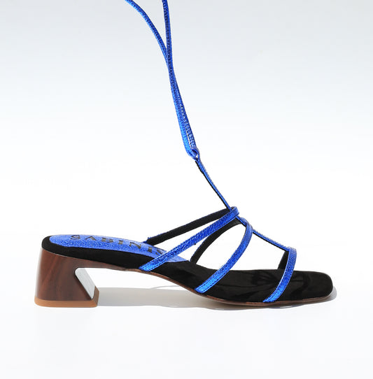 Sandalias de tacón ancho piel metalizada azul - Sabinis Eternal