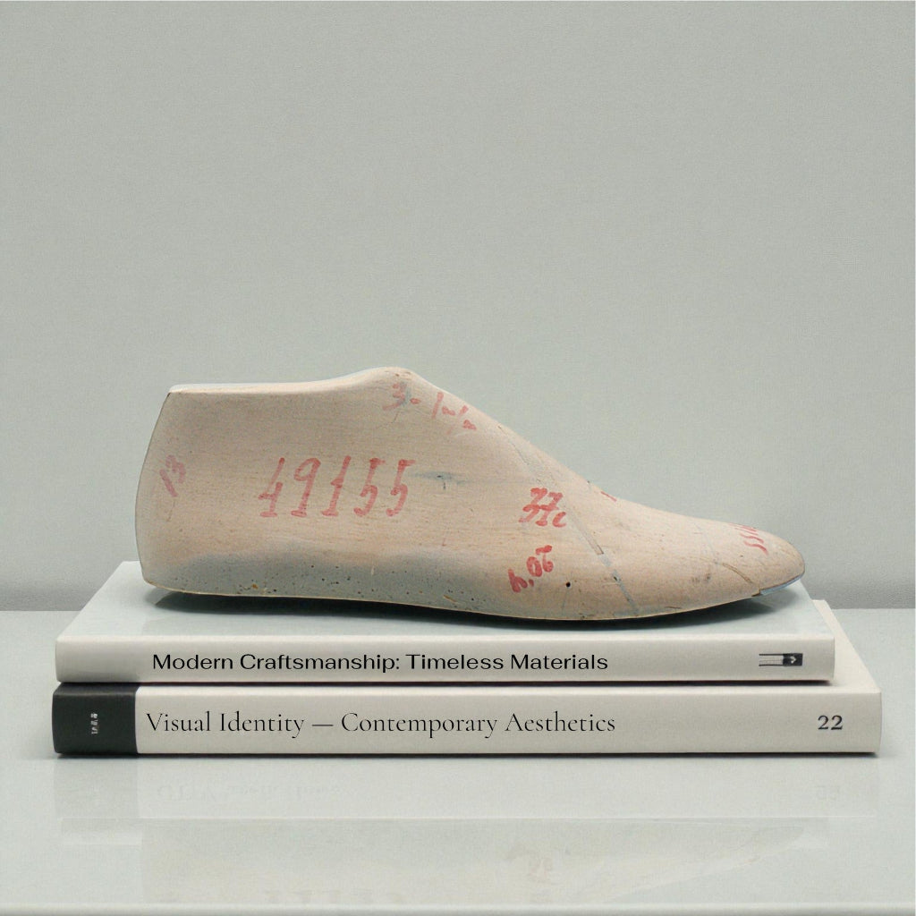 Horma vintage de madera sobre libros de diseño, pieza artesanal curada por Sabinis.
