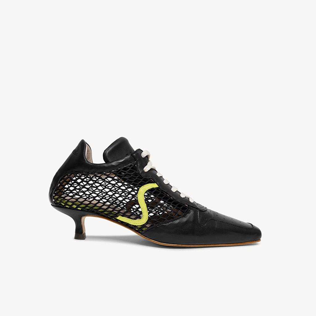 Zapato tipo sneaker de mujer con tacón bajo, rejilla negra y piel de calidad en negro y lima – Modelo Los Angeles de Sabinis