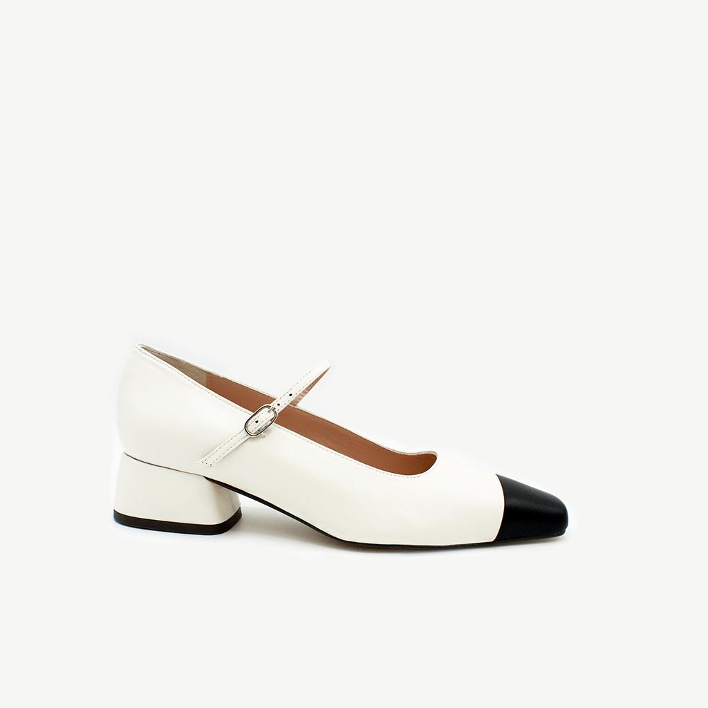 mary jane zapatos Sabinis Paris – correa con hebilla diseño elegante en piel ivory con puntera negra