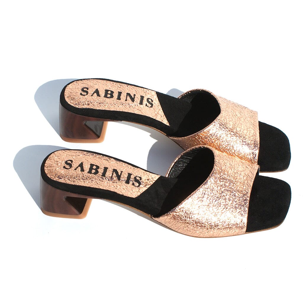 Front view of Copper Metallic Leather Chunky Heel Sandals - Sabinis Essential: Embrace your inner diva with these eye-catching copper metallic leather sandals, featuring a chunky heel for added comfort and style.