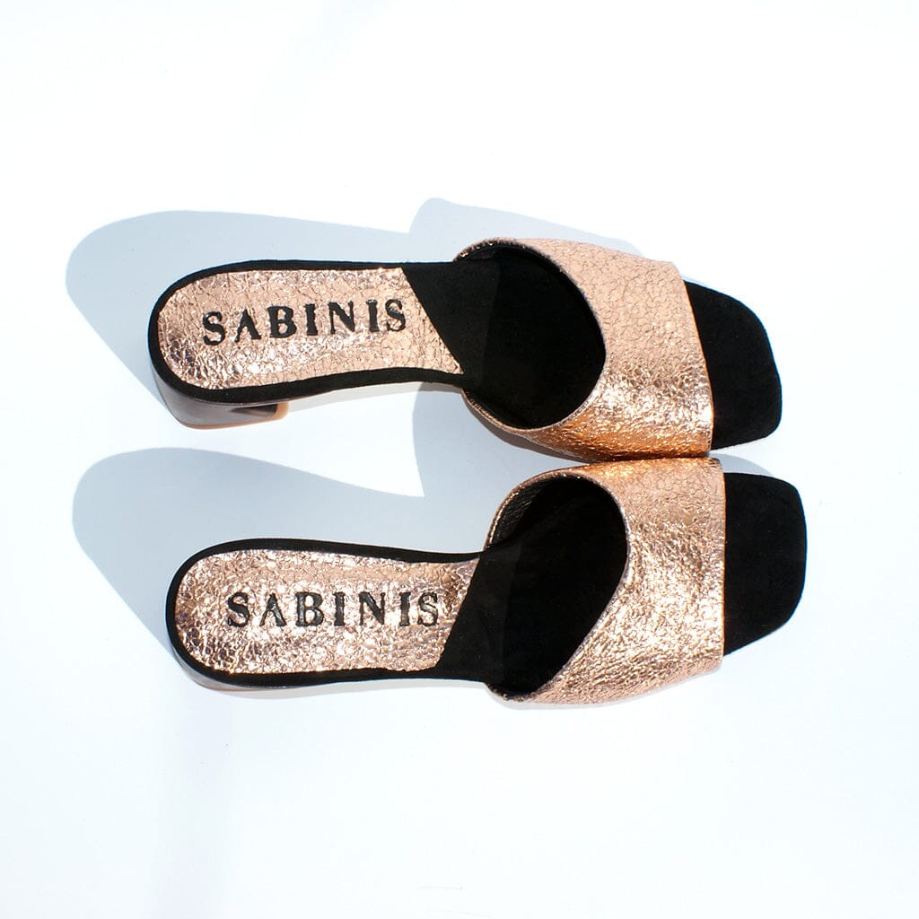 Side view of Copper Metallic Leather Chunky Heel Sandals - Sabinis Essential: Show off your impeccable fashion sense with these elegant copper metallic leather sandals, designed with a sturdy and fashionable chunky heel.